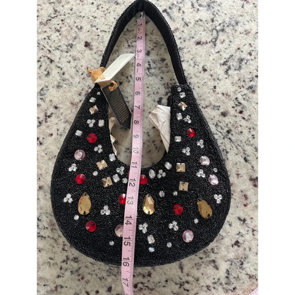 Handcrafted Beaded Hobo Bag with Crystal Embellishments Black‎ Red India